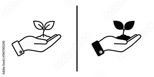 Hand Holding Sprout Icon Vector Line Art and Silhouette for Ecology and Growth.