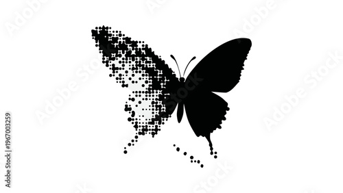 A black butterfly silhouette with pixelated wings on a white background