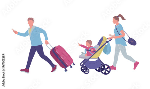 Flat vector illustration of airport scene with rushing passenger and mother with stroller. Man hurrying with suitcase, family traveling with child.  
