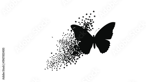 A minimalist vector graphic of a butterfly silhouette with particles trailing behind it