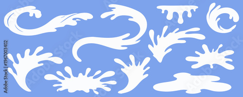 Abstract splash of milk and paint creating bold shape and stain, minimal frame, clear water motion, bright water shine, liquid puddle and smooth puddle flow.