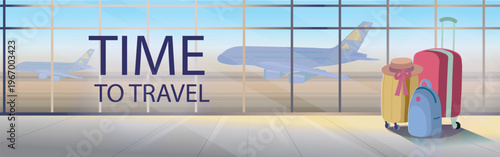 Travel luggage set standing in an empty airport terminal with panoramic windows and airplanes outside. Clean background with copy space for travel, tourism, and vacation design.