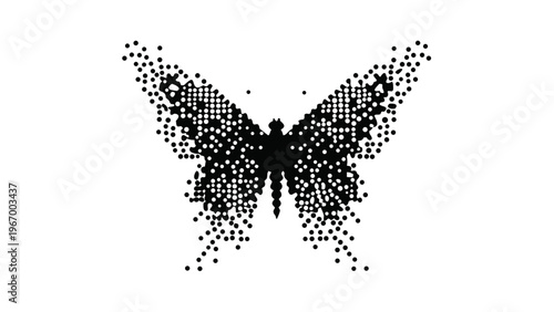 A black butterfly illustration made of small dots on a white background