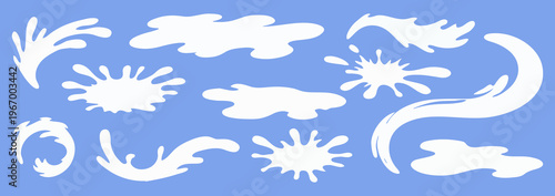 Minimal splash of milk and paint forming abstract shape and stain, airy frame, transparent water layers, light water reflections, gentle puddle and soft puddle spread.