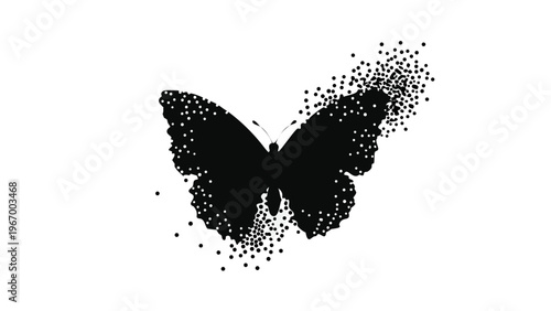 A minimalist black butterfly silhouette with dotted particles flying away on a white background