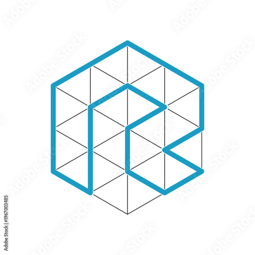 The image is a flat logo design of an initial letter R in hexagonal shape that acts as a framework. The logo looks clean and nice in blue and grey color on a white background. 