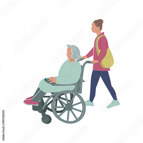 Caregiver assisting a senior woman in a wheelchair, pushing her forward. Concept of care, support, accessibility, and assistance for elderly people isolated on white background.
