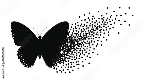 A black butterfly silhouette with dots flying away on a white background