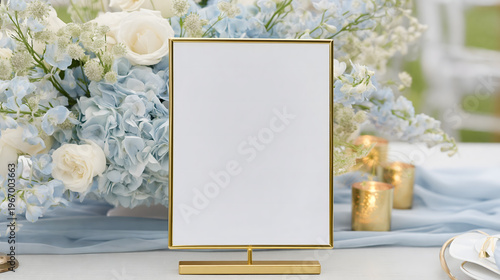 Elegant Frame with Floral Display: A refined gold frame stands centered, providing a blank canvas for customization. It is surrounded by soft, pastel-colored flowers.