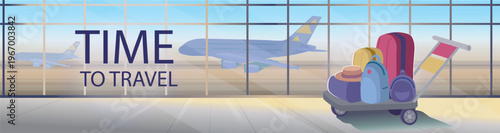 Airport luggage cart loaded with suitcases and backpacks standing in a spacious terminal with panoramic windows and airplanes outside.  