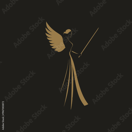 Elegant silhouette of a winged figure with sword on black background