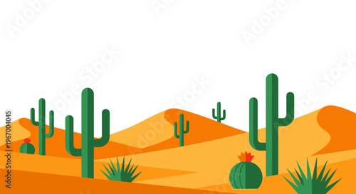Desert landscape with cacti plants.