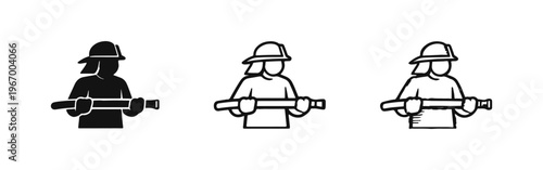 Firefighter Holding Hose Icon Set - Emergency Services and Fire Safety