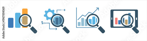 Business data analysis concept with magnifying glasses over bar charts gears and financial growth graphs flat.