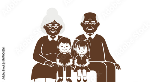 Elderly couple with two children.