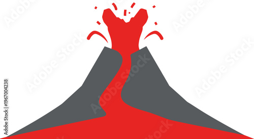 Erupting volcano with lava flow.