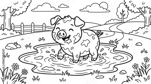 Pig Playing in Muddy Water.