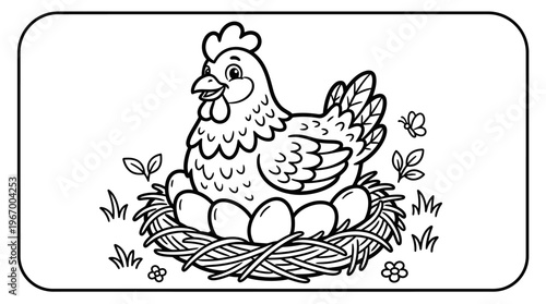 Hen Sitting on Eggs in Nest.