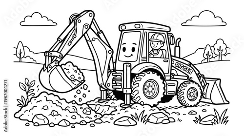 Smiling cartoon backhoe loader machine.