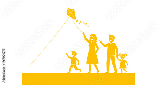 Family flying a kite together.