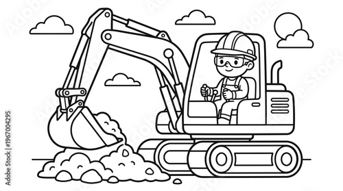 Excavator digging with cartoon operator.