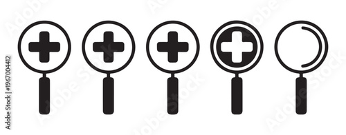 Set of five magnifying glass icons with plus signs and one empty magnifying glass.