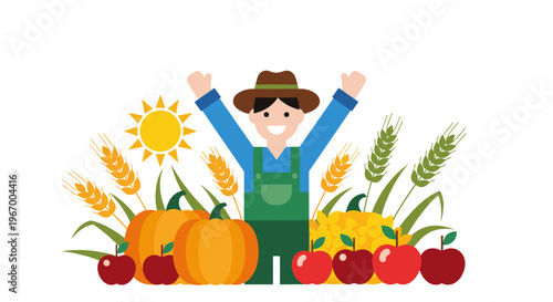 Farmer with harvest and fruits.