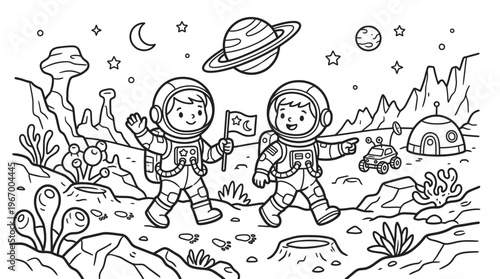 Two children in space suits walking.