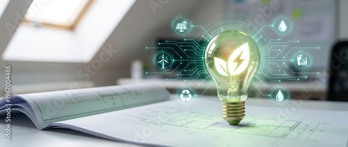 Sustainable, renewable, energy, green, ecology, innovation, technology concept of eco-friendly architecture and smart energy efficiency using lightbulb icons for conservation.