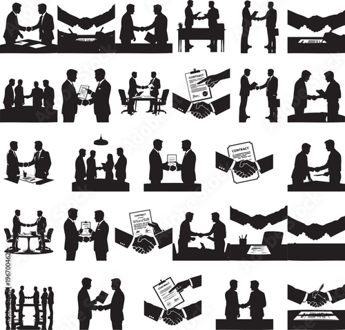 Manager shaking hands representing agreement, partnership, and business deal silhouette set