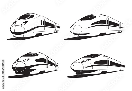 Set of four modern high-speed train vector illustrations isolated on white background depicting a bullet train.