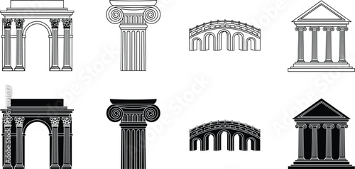 Ancient Greek Roman Architecture Icons Featuring Corinthian Columns Ionic Pillars Arc de Triomphe Stone Bridge and Parthenon Temple Silhouettes