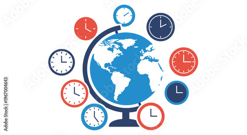 Globe with many clocks around.