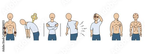 Joint pain, back pain, fatigue, chills, conjunctivitis and headache, swollen lymph nodes, and rash.