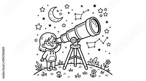 Little girl looking through telescope.
