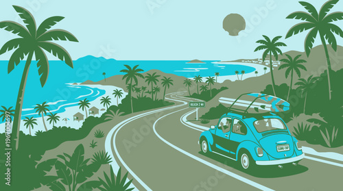 Vintage blue car with surfboard.