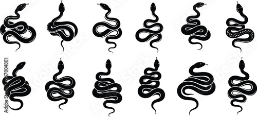 Black snake silhouettes collection with various coiled serpents and crawling cobras isolated on white background for tattoo or graphic design.