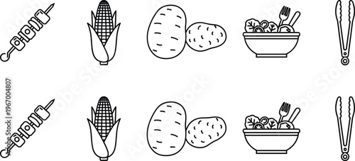 BBQ Barbecue Party Icon Set with Grilled Shish Kebab Corn on the Cob Potato Salad Bowl and Kitchen Tongs Silhouettes
