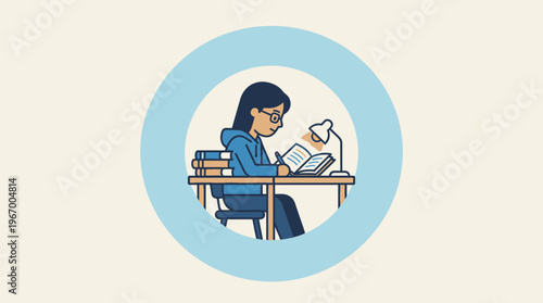 Woman Sitting at Desk Studying Books.