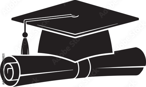 Graduation cap and diploma vector silhouette illustration, academic achievement line art design