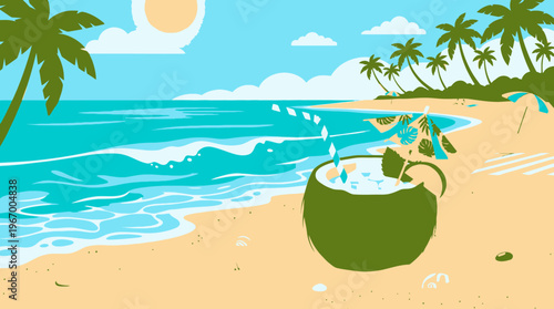 Coconut on the sandy beach shore.