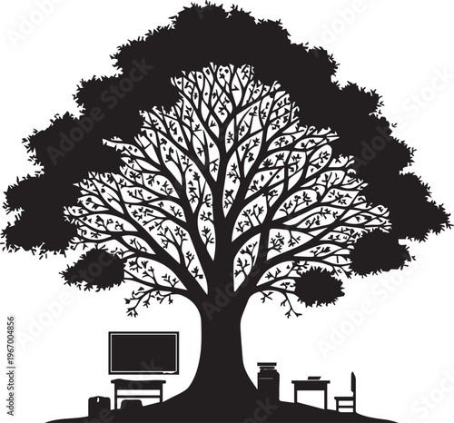 Knowledge tree silhouette vector illustration with classroom furniture for outdoor school