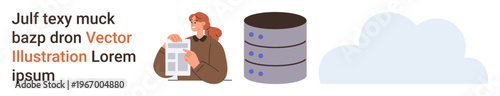 Cloud computing, data storage, database management, digital documentation, IT services, internet technology. Person reading document, database servers cloud icon. Cloud computing and data storage