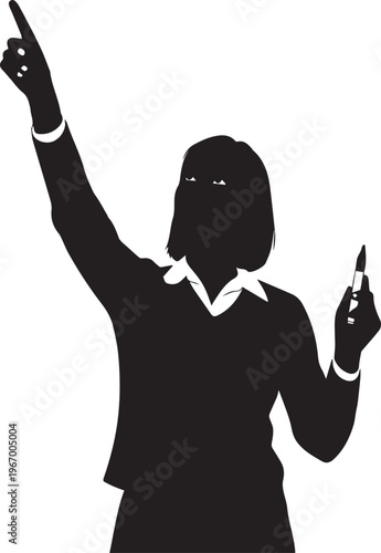 Silhouette of woman pointing with two hands, giving instruction, gesturing
