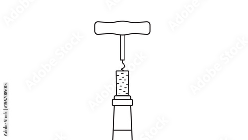 Corkscrew in black outline extracting a bottle cork with a wavy metal worm inserted into it featuring wine opener, bar tool, kitchen gadget with