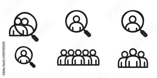Target audience and market research vector icons, find customer and user search symbols.