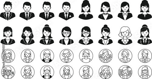 Collection of business avatar icons, professional men and women user profile symbols, corporate employee character set, isolated vector headshots for web
