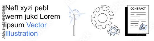 Renewable energy, industrial cooperation, contract management, eco-friendly innovation, energy production, legal agreements. Wind turbine, gears and signed contract . Renewable energy and industrial