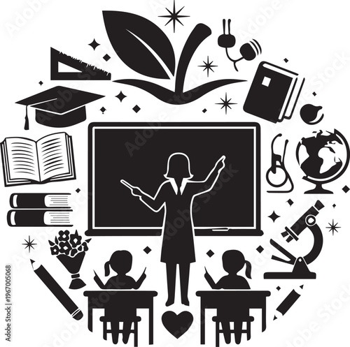 Teacher at chalkboard with students and school supply silhouette vector illustration icon