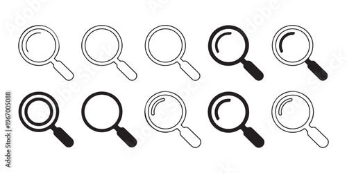 Magnifying glass line icon set vector, find and search symbols, zoom and discover icons.